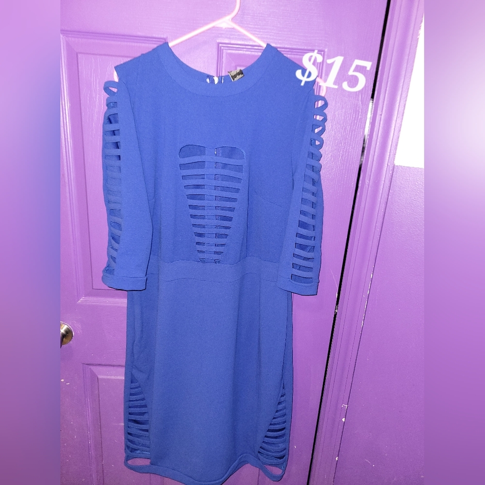 Ashley Stewart Blue Sheath Dress 3/4 Sleeve Crew Neck